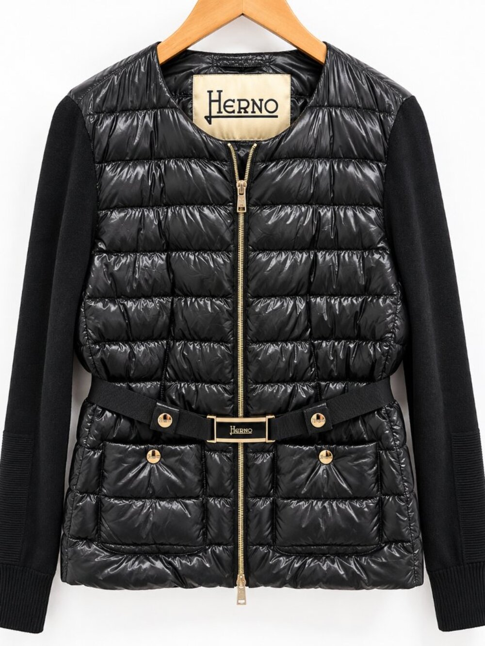 HERNO Women’s Black Down Puffer Jacket Knit Sleeves Belt Size 46 Italy